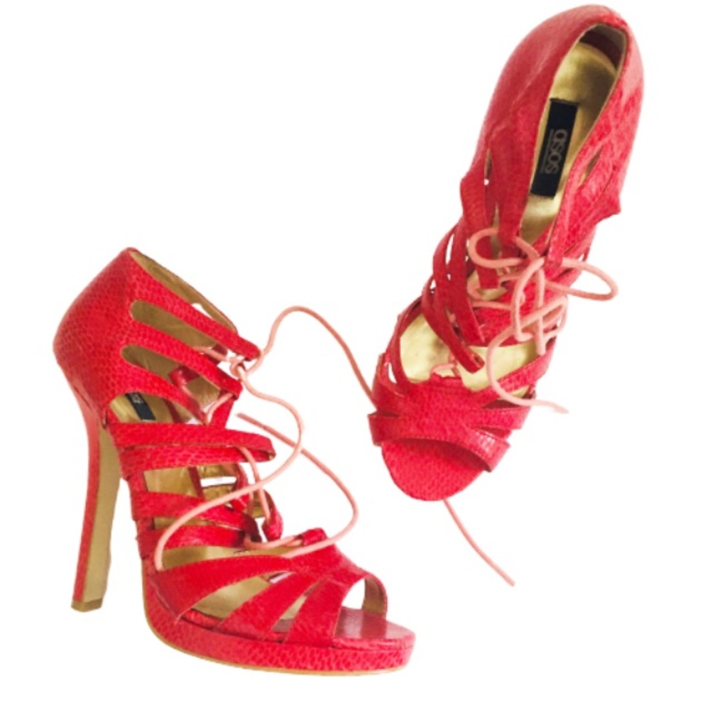 ASOS Coral Pink Animal Print Lace Up Gladiator Heels 7 UK 5